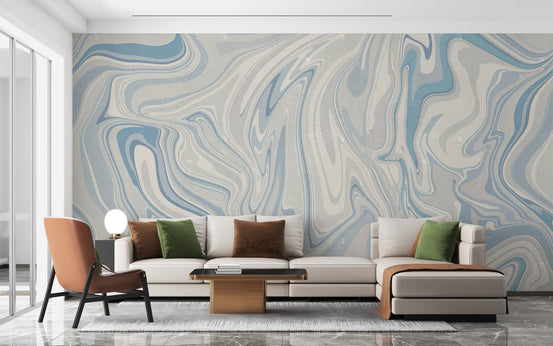 Minimalist abstract blue klint wall mural with flowing sapphire and pearl.