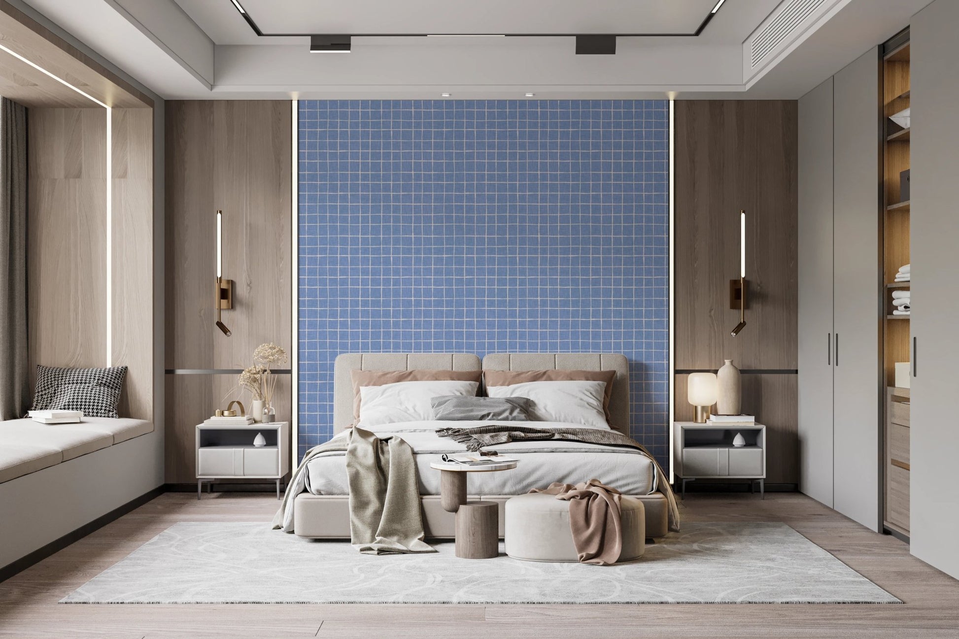 Textured linen grid in blue wallpaper murals