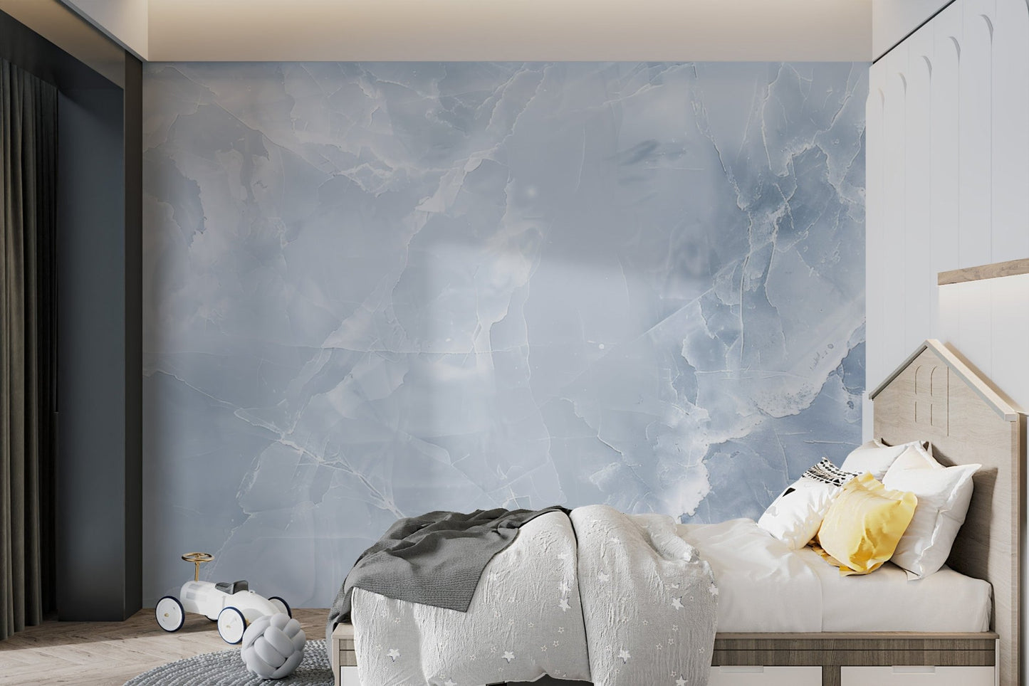 Icy blue marble wall mural featuring a realistic stone effect for bedroom.