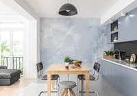 Minimalist blue and white marble wall mural for modern kitchen interior.