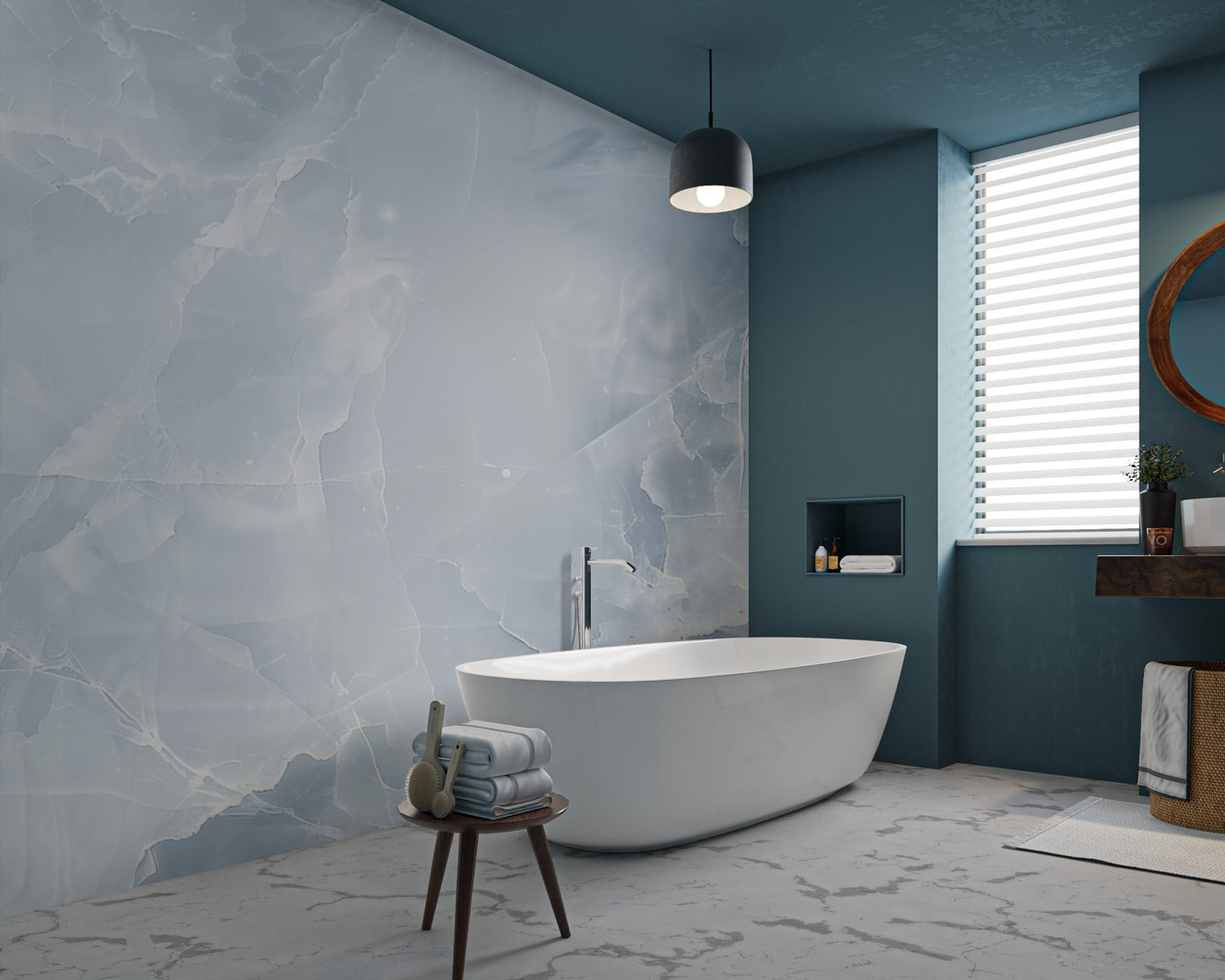Pale blue marble wall mural with white crystalline textures for large bathrooms.