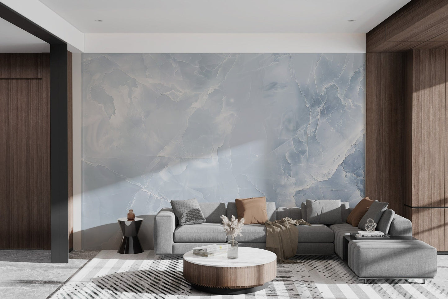 Smooth blue marble wall mural with intricate vein details for living area.