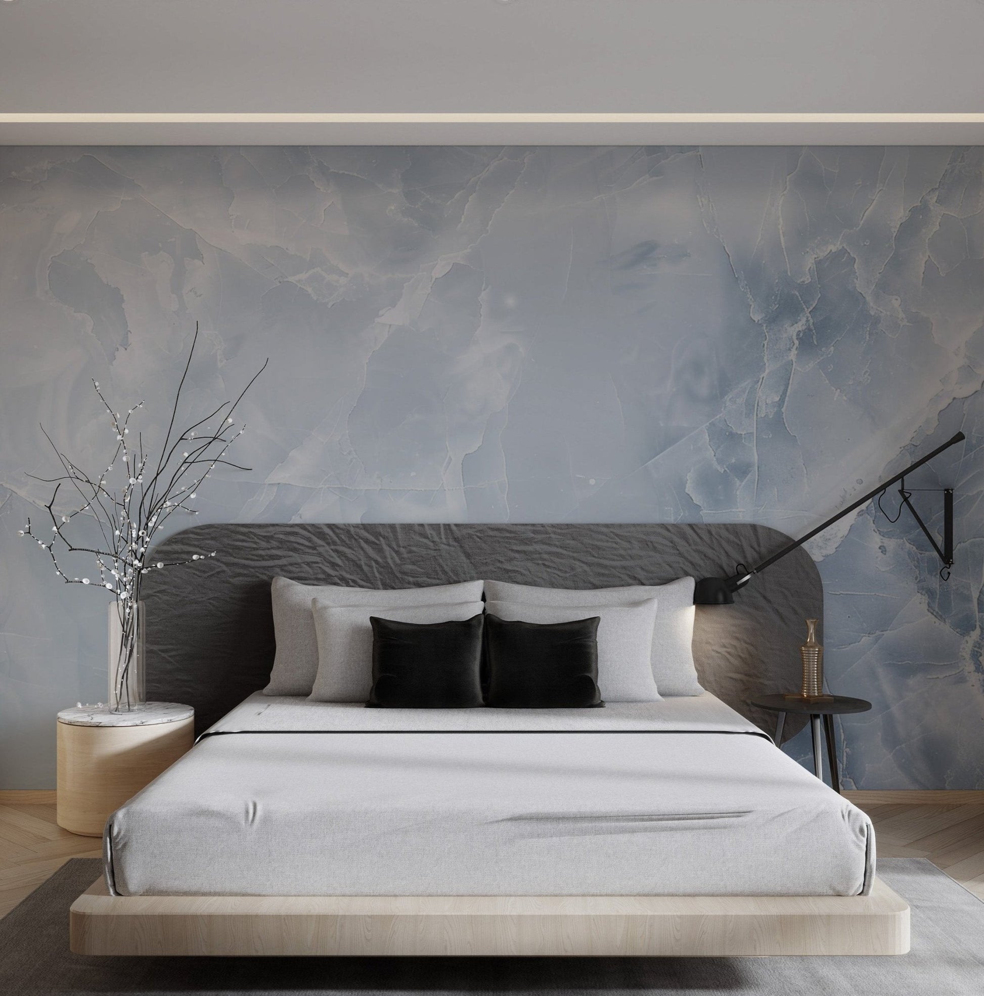 Polished blue marble wall mural with white vein patterns for bedroom.