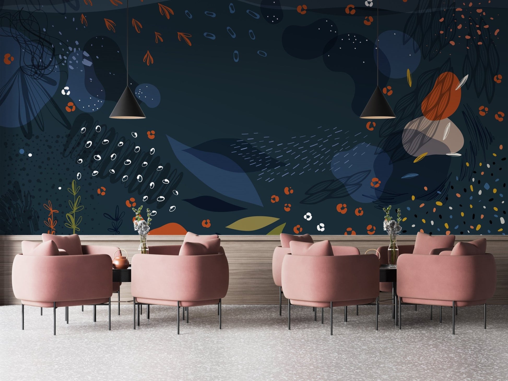 Dark navy wall mural with orange accents in a lounge with velvet chairs