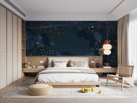 Minimalist bedroom featuring a blue modern abstract mural.