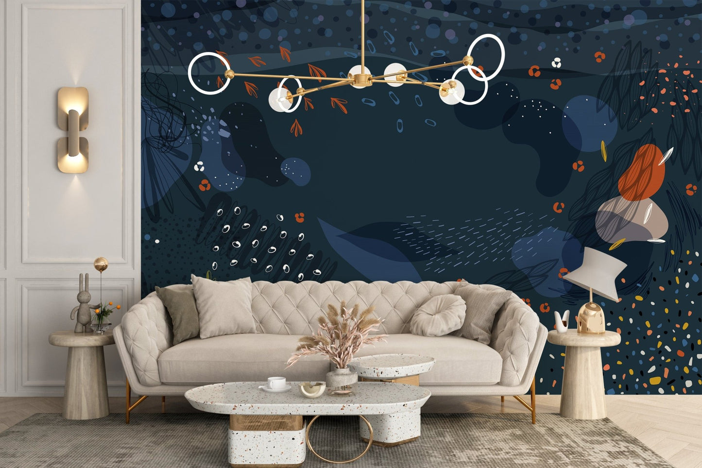 Contemporary living room with a beige sofa and blue abstract wall mural