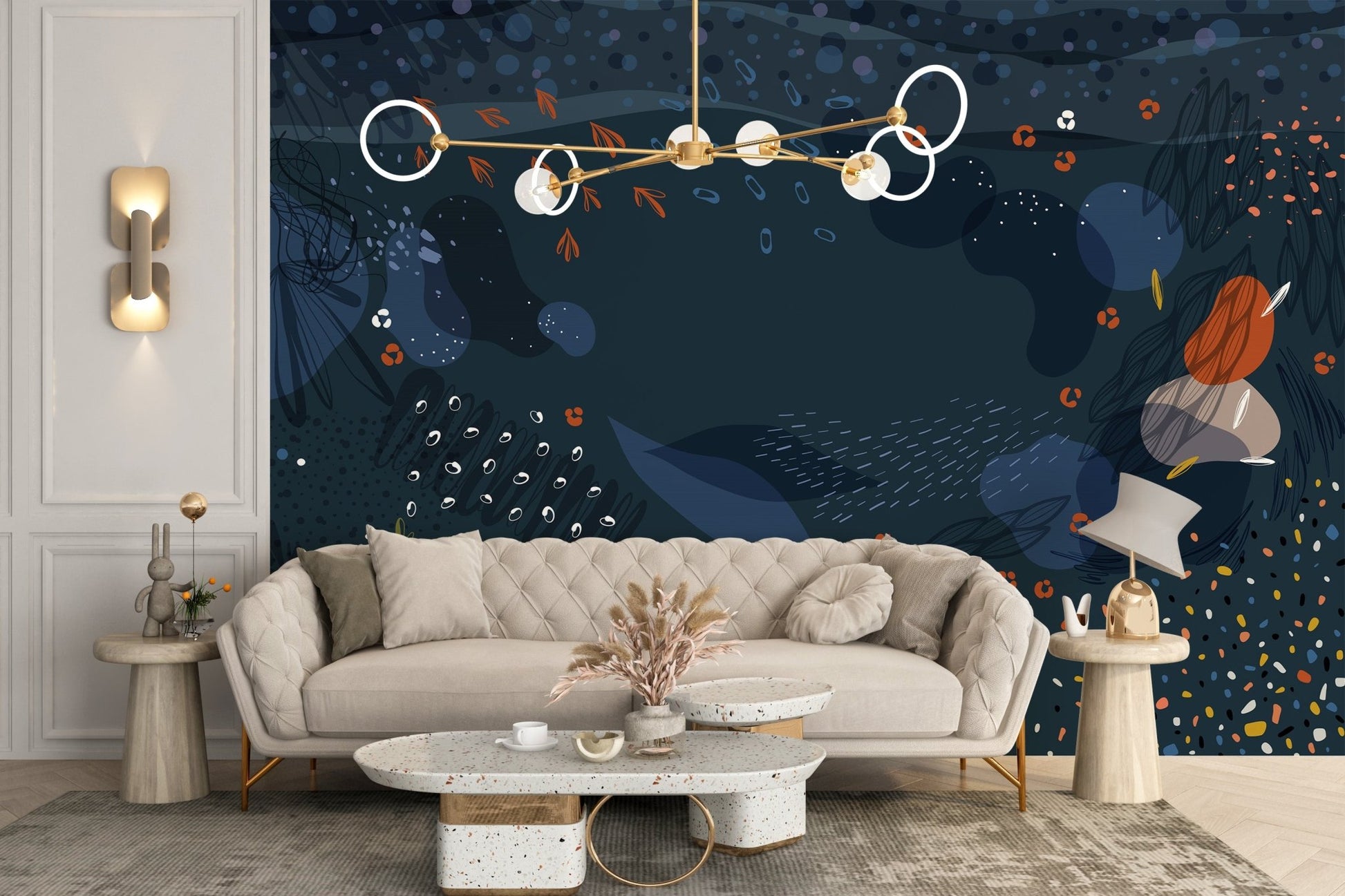 Contemporary living room with a beige sofa and blue abstract wall mural