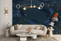 Contemporary living room with a beige sofa and blue abstract wall mural