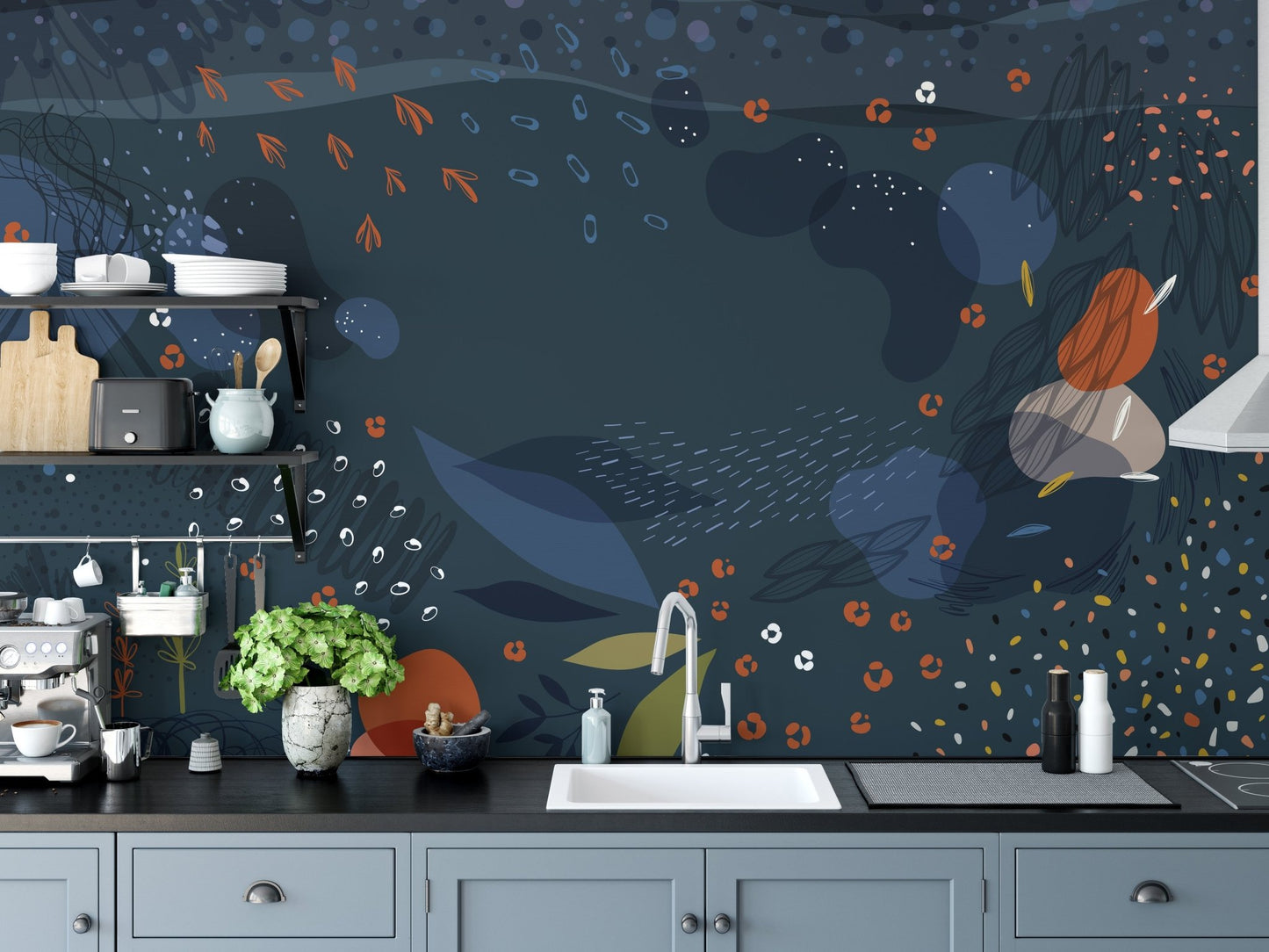 Kitchen setting with blue abstract wall mural and grey cabinetry