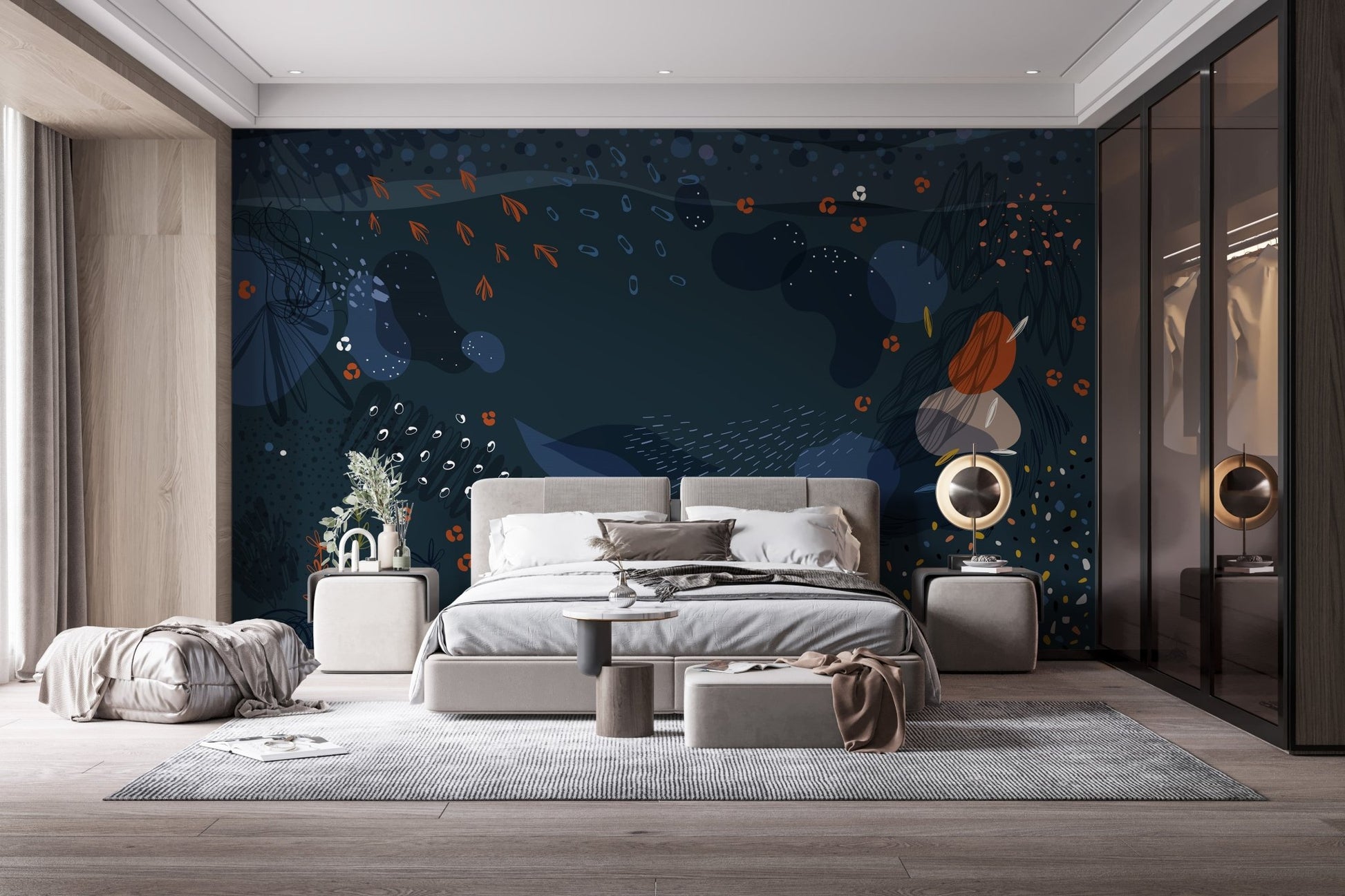 Large bedroom with the blue modern abstract mural on a main feature wall.