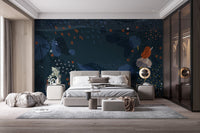 Large bedroom with the blue modern abstract mural on a main feature wall.