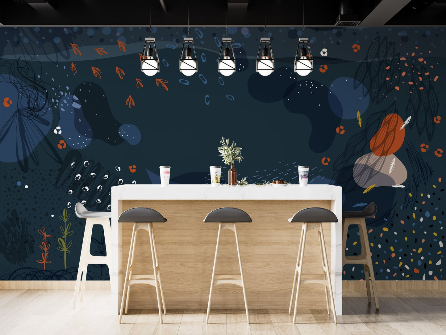 Blue modern abstract wall mural behind a wooden bar counter with high stools.