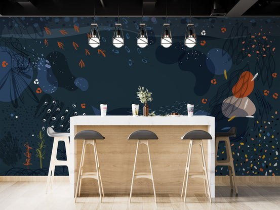 Blue modern abstract wall mural behind a wooden bar counter with high stools.