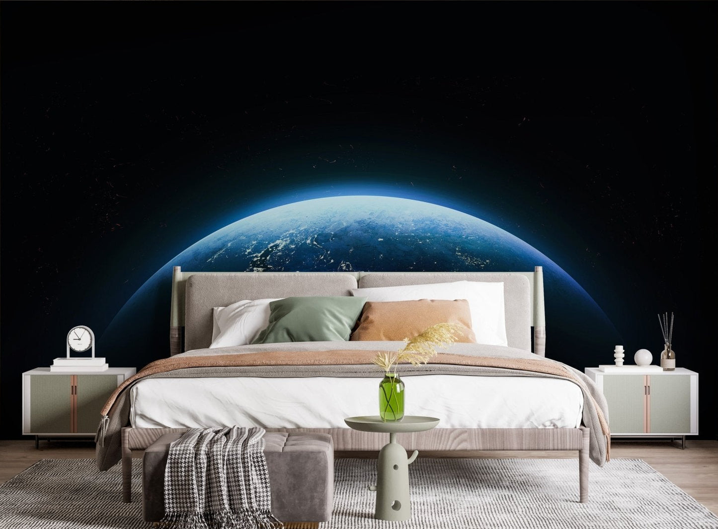 Earth from space wallpaper mural in dark modern style.