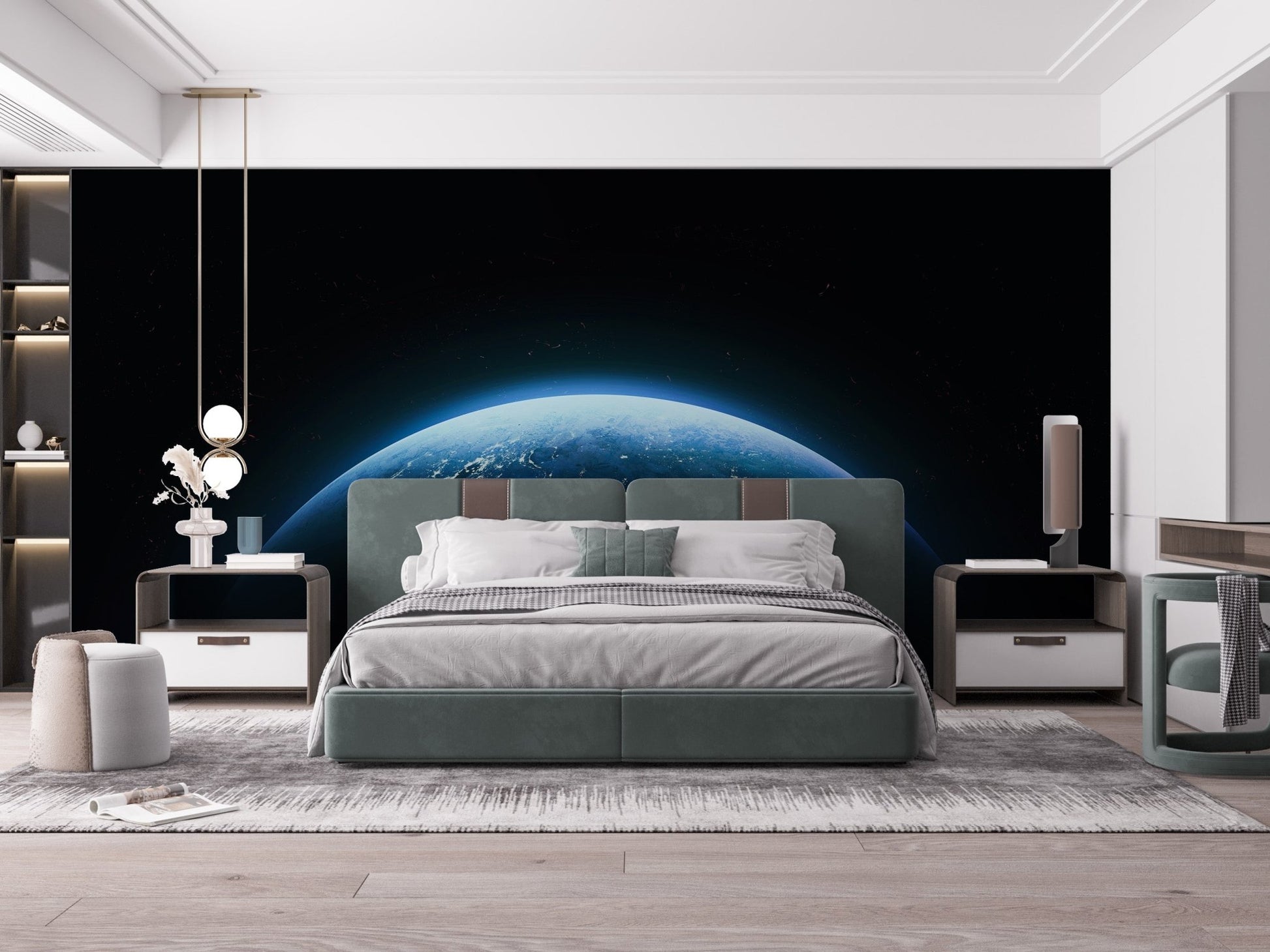 Blue planet wall mural with dark galaxy background.