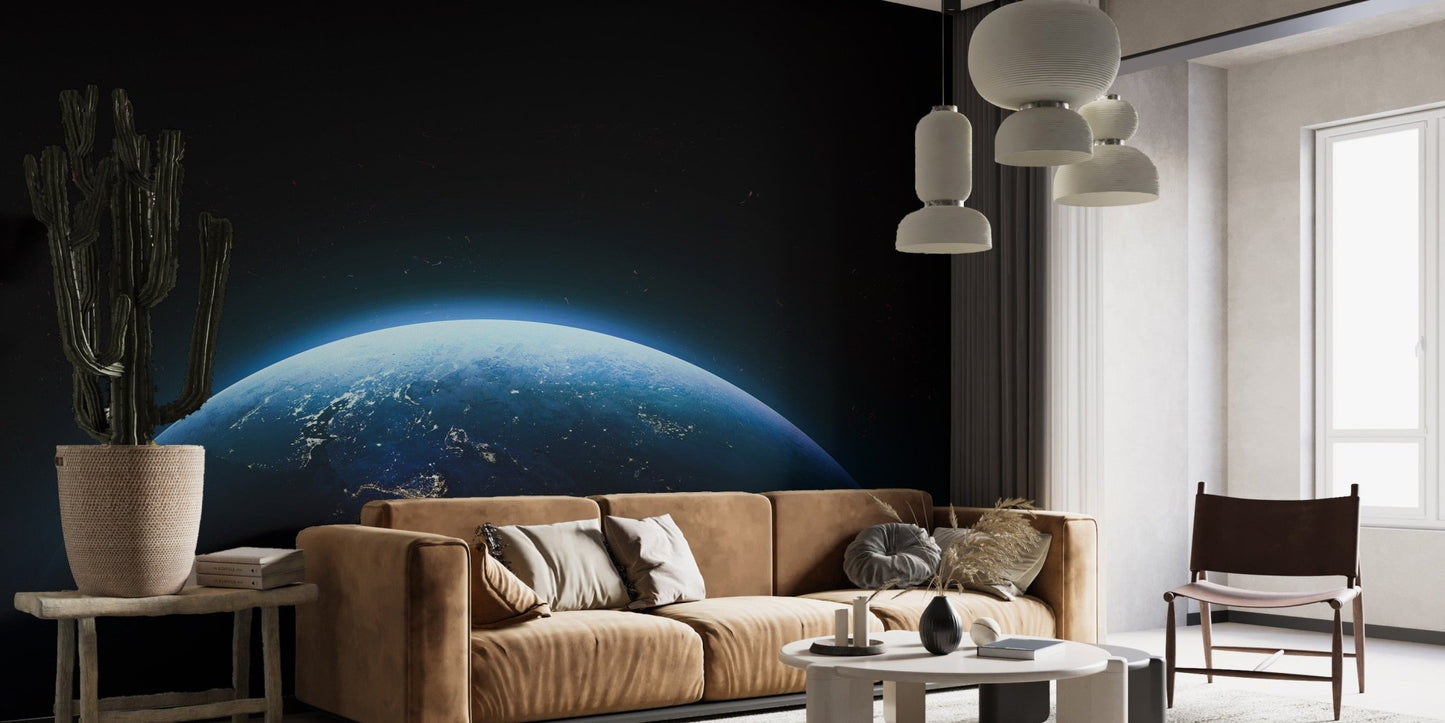 Modern space wall mural showing glowing blue planet.