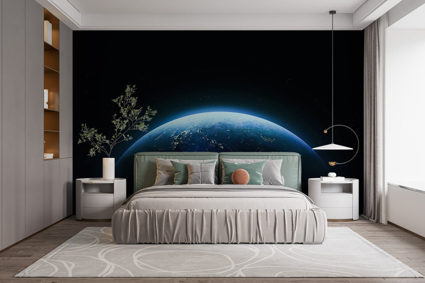 Cosmic earth wallpaper mural in rich blue and black color.