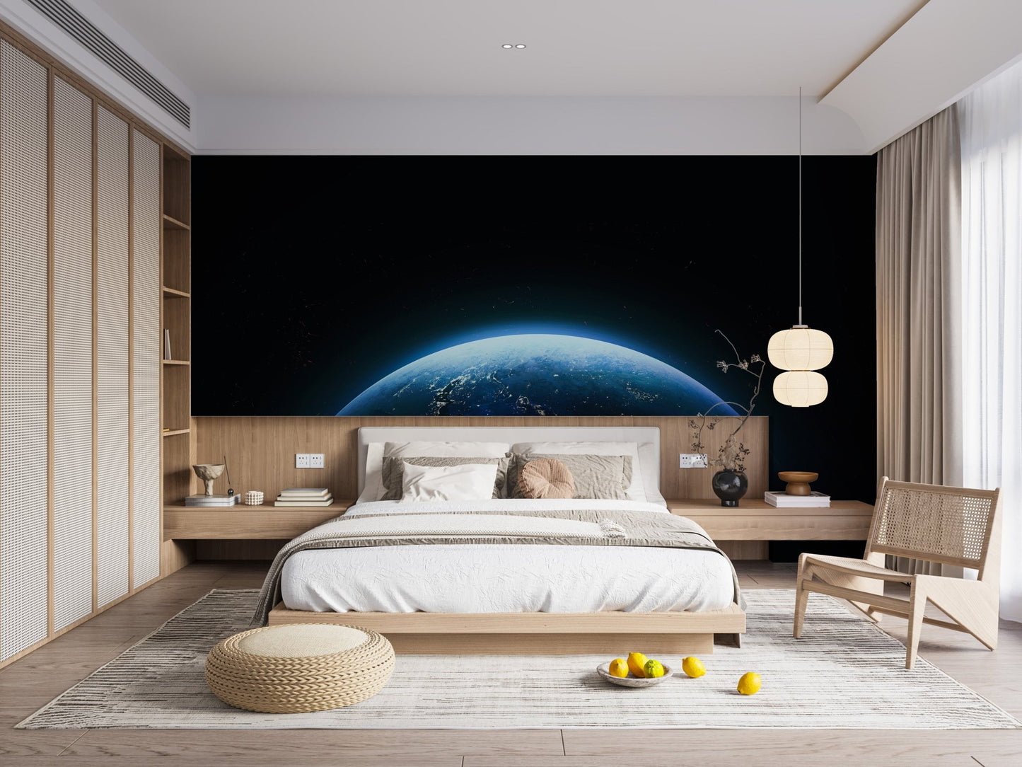 Blue planet wall mural with celestial night sky design.