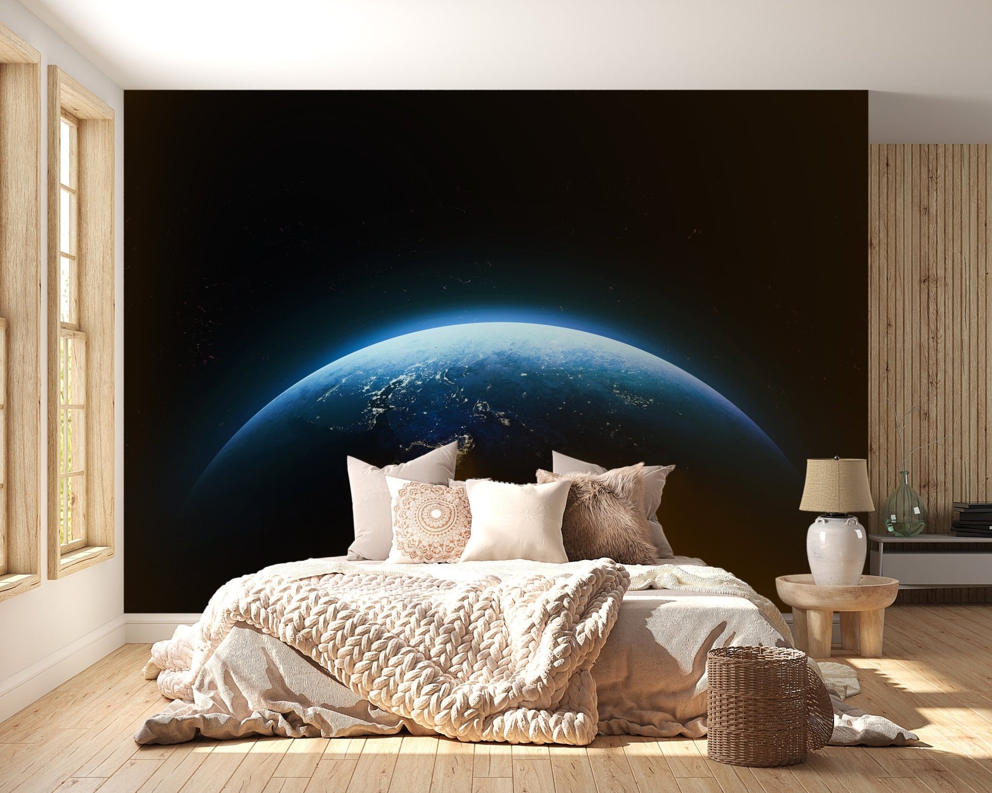 Blue planet wallpaper mural featuring global night lights.