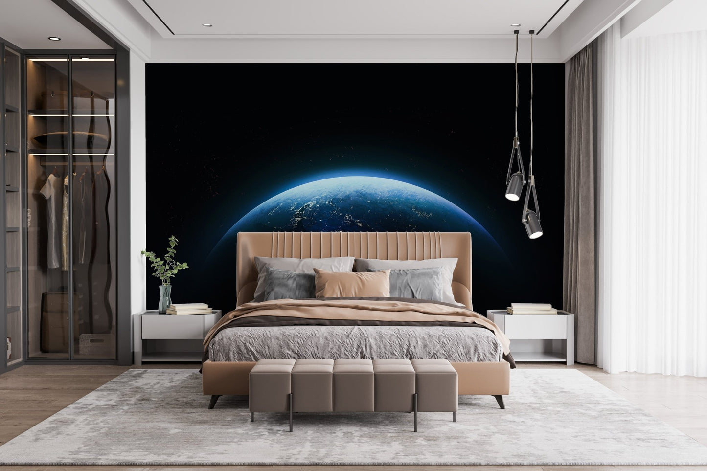 Blue planet wallpaper mural with Earth horizon in deep space.