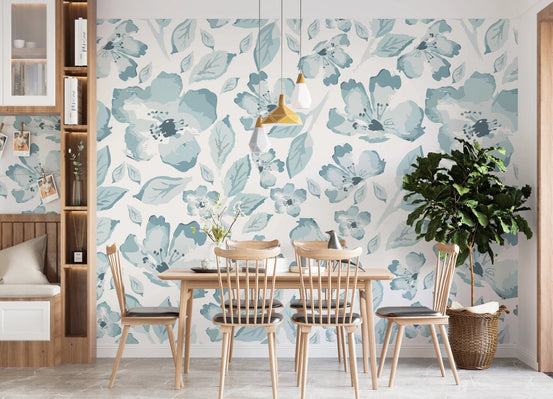 Dining room with Blue Roses Wall Mural.