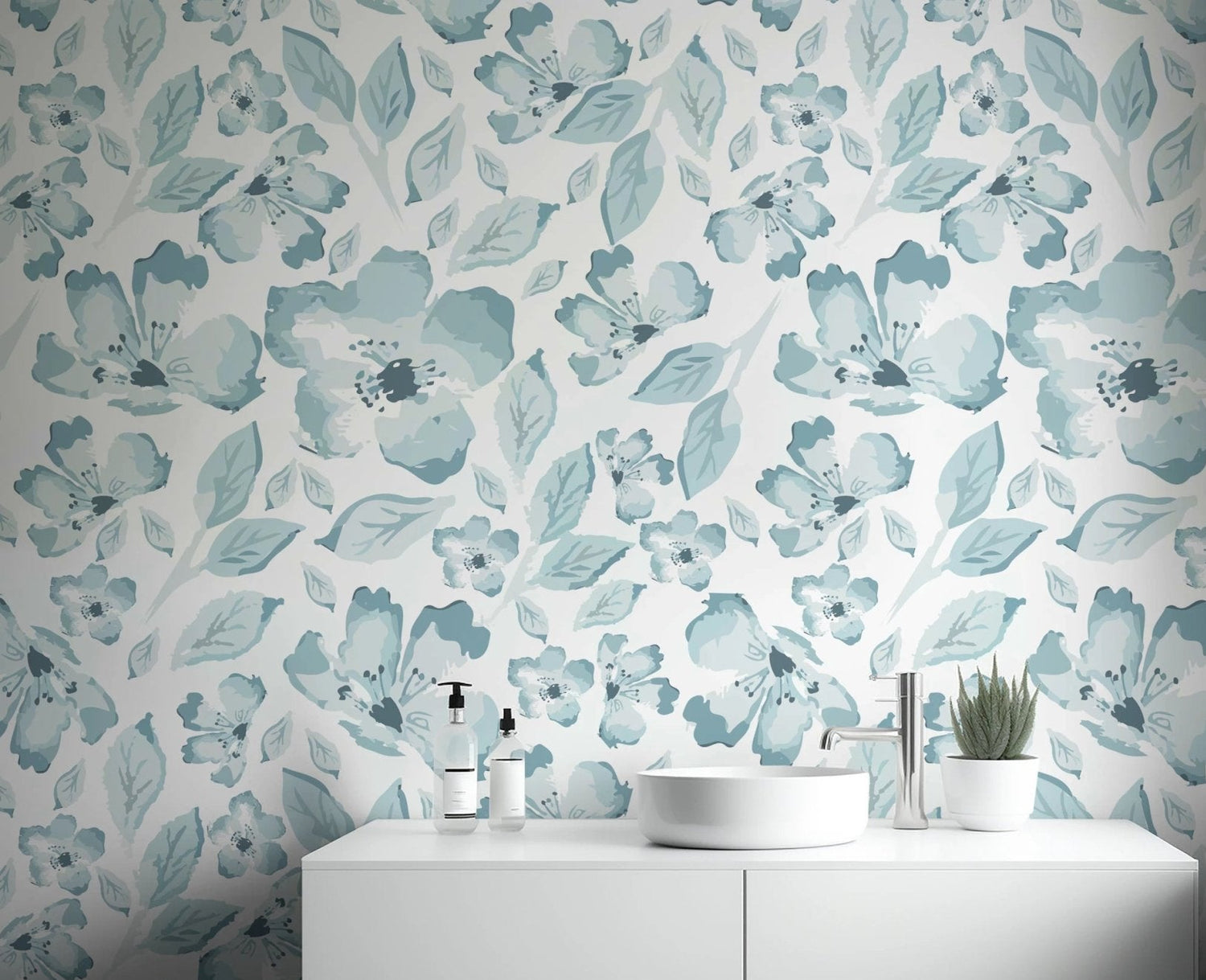 Blue rose pattern wall mural for bathroom.