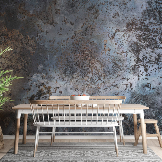 Blue rust abstract wall mural with weathered steel texture and cool tones.