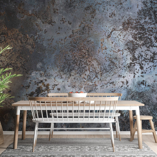 Blue rust abstract wall mural with weathered steel texture and cool tones.