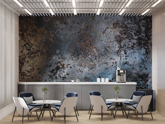 Dark blue wall mural with realistic rusted iron and patina effects.