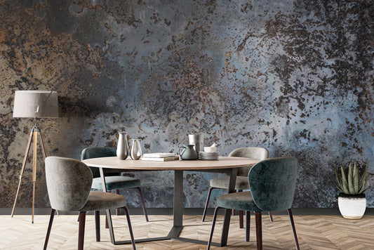 Metallic style wallpaper with a blend of cobalt blue and iron rust.