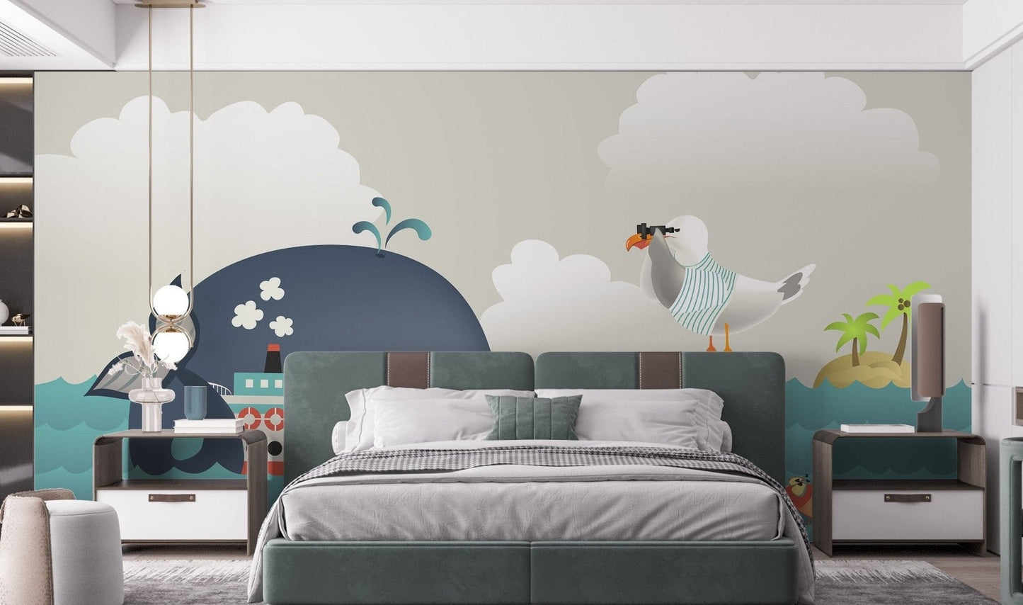 Blue Sea Adventure Wall mural in a modern bedroom.