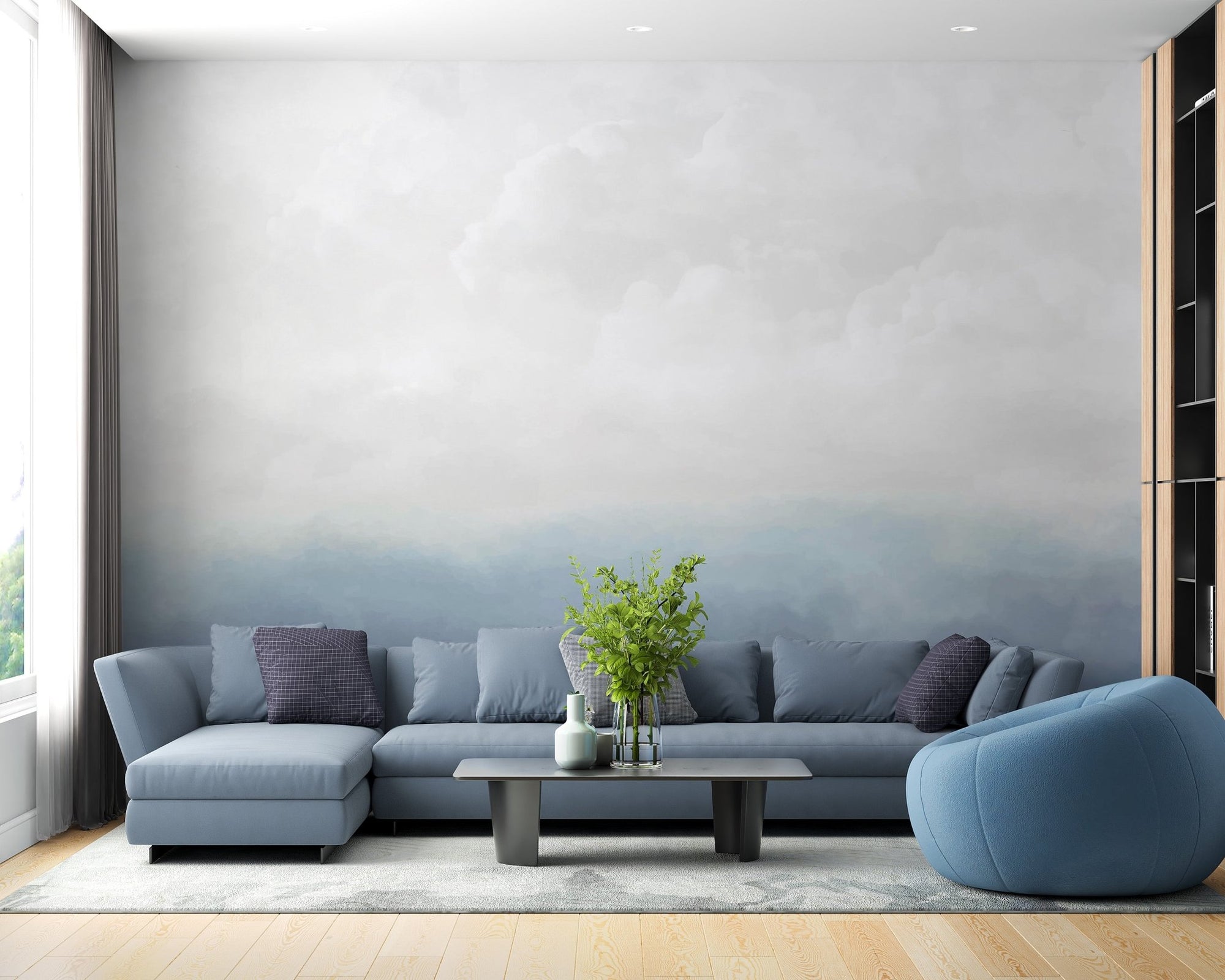 Blue sky wallpaper mural with soft clouds and calm blue gradient.