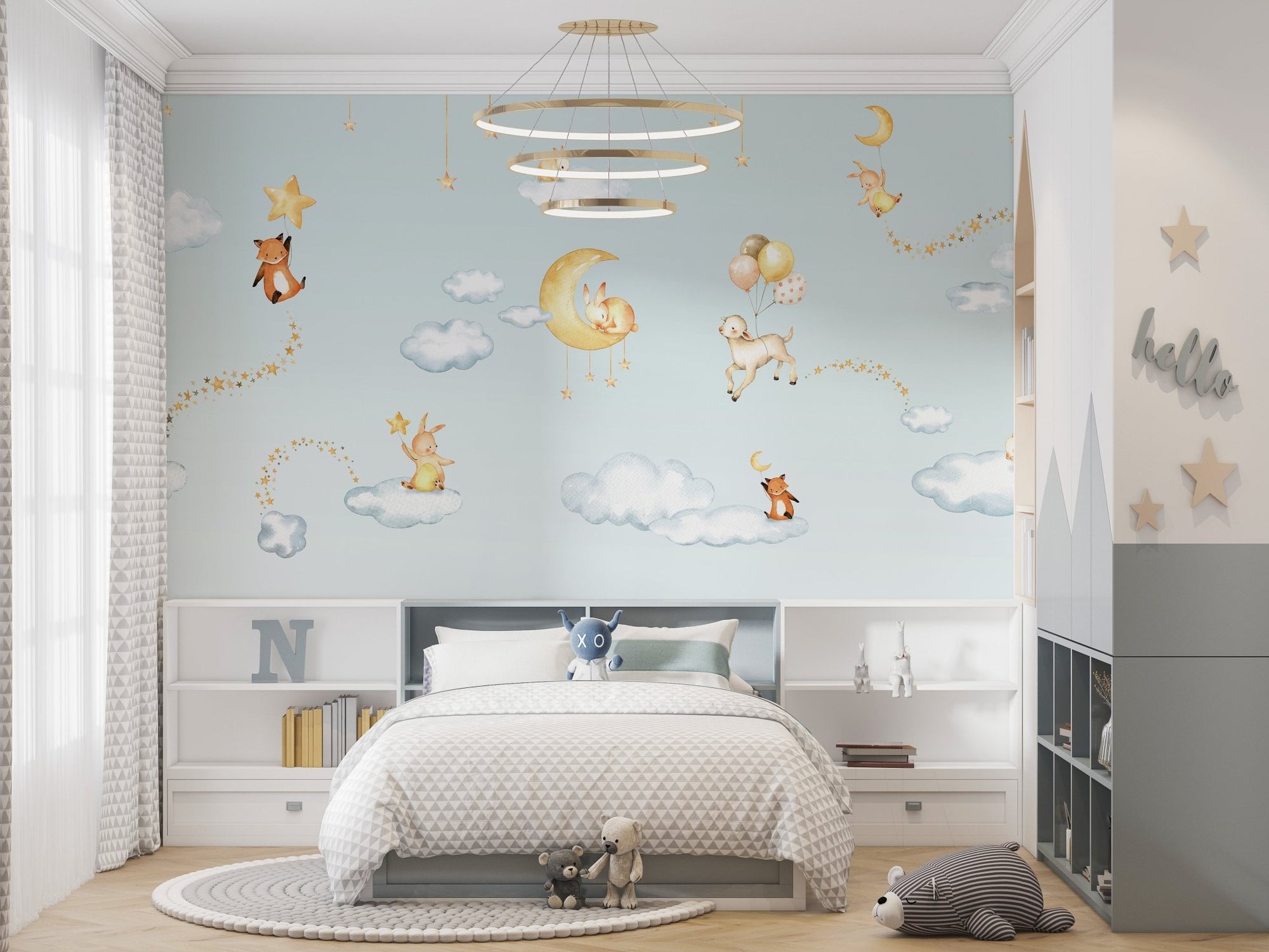 Blue sweets dreams wallpaper for kids room with watercolor bunny on cloud.