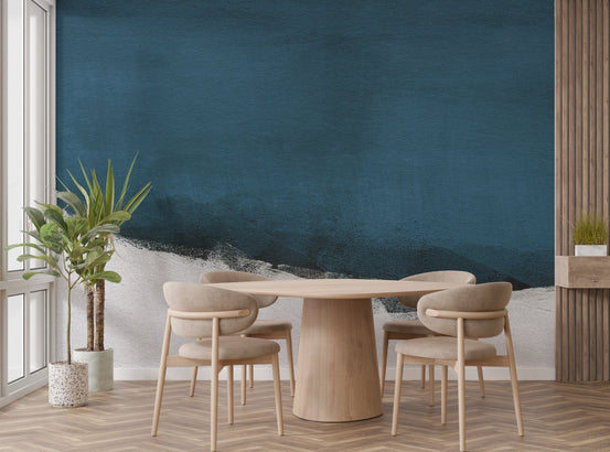 Gentle blue brushstroke wall mural for tranquil and chic dining room decor.
