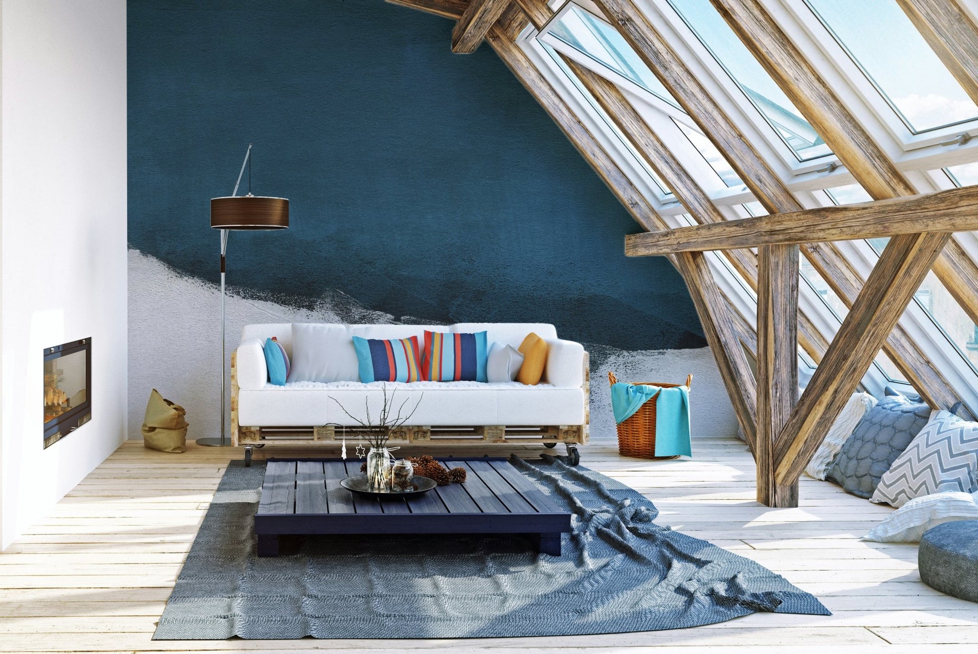 Watercolor brushstroke mural in shades of blue for elegant attic living spaces.
