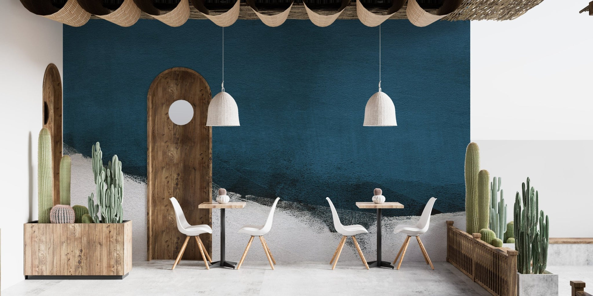 Blue brushstroke wall mural adding artistic charm to dining area interiors.
