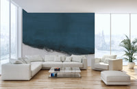 Artistic blue watercolor mural perfect for minimalist aesthetics in home office.
