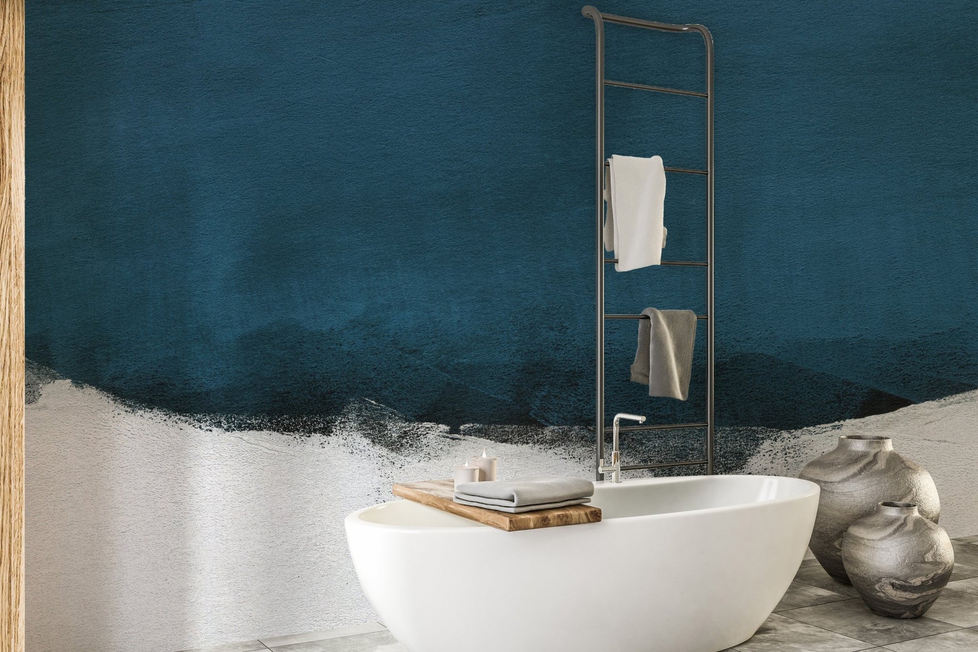 Elegant blue watercolor brushstroke mural for serene bathroom walls.
