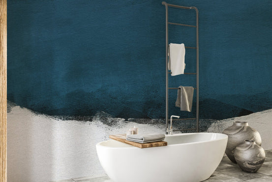 Elegant blue watercolor brushstroke mural for serene bathroom walls.
