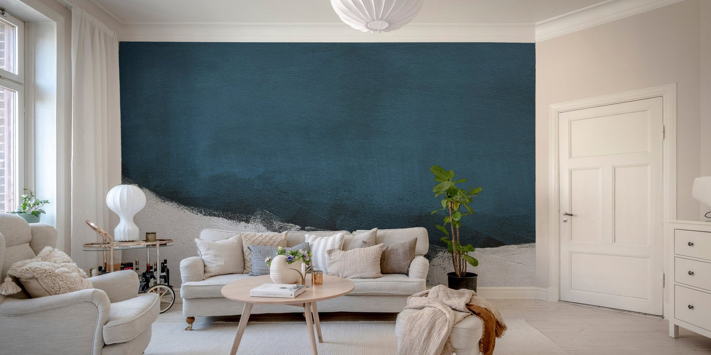 Soft blue brushstroke wall mural with artistic watercolor design in living room.
