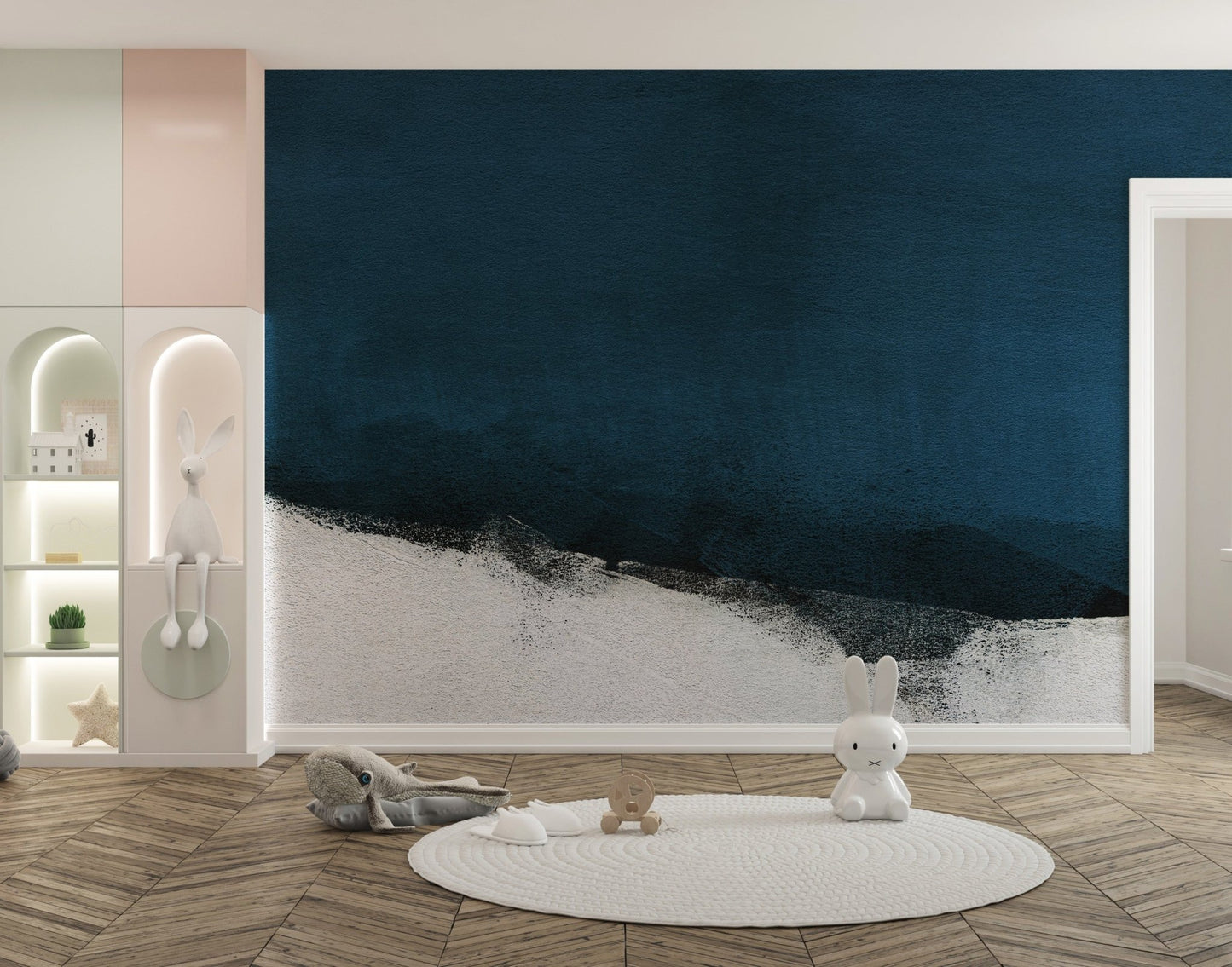 Blue watercolor mural creating a calming and modern ambiance in kids room.
