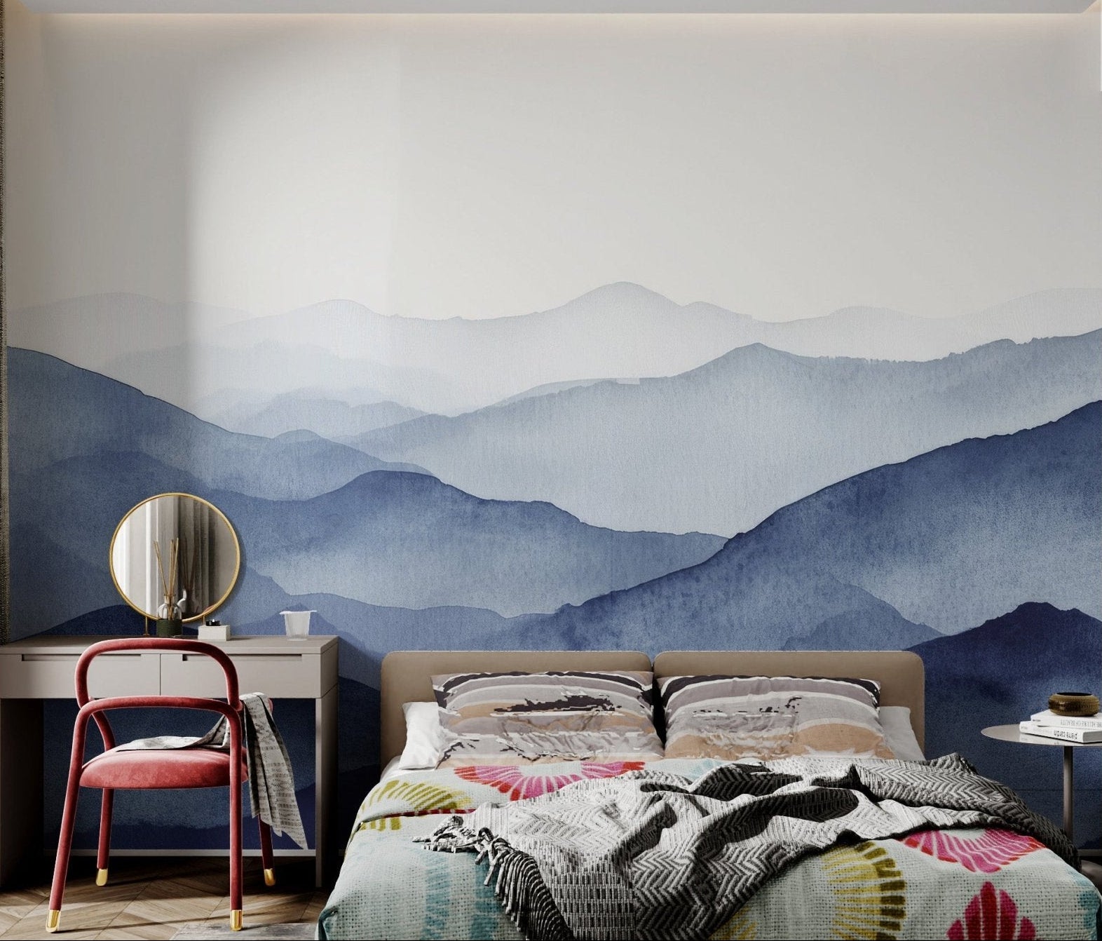 Minimalist indigo mountain range wall mural for a bedroom decoration.