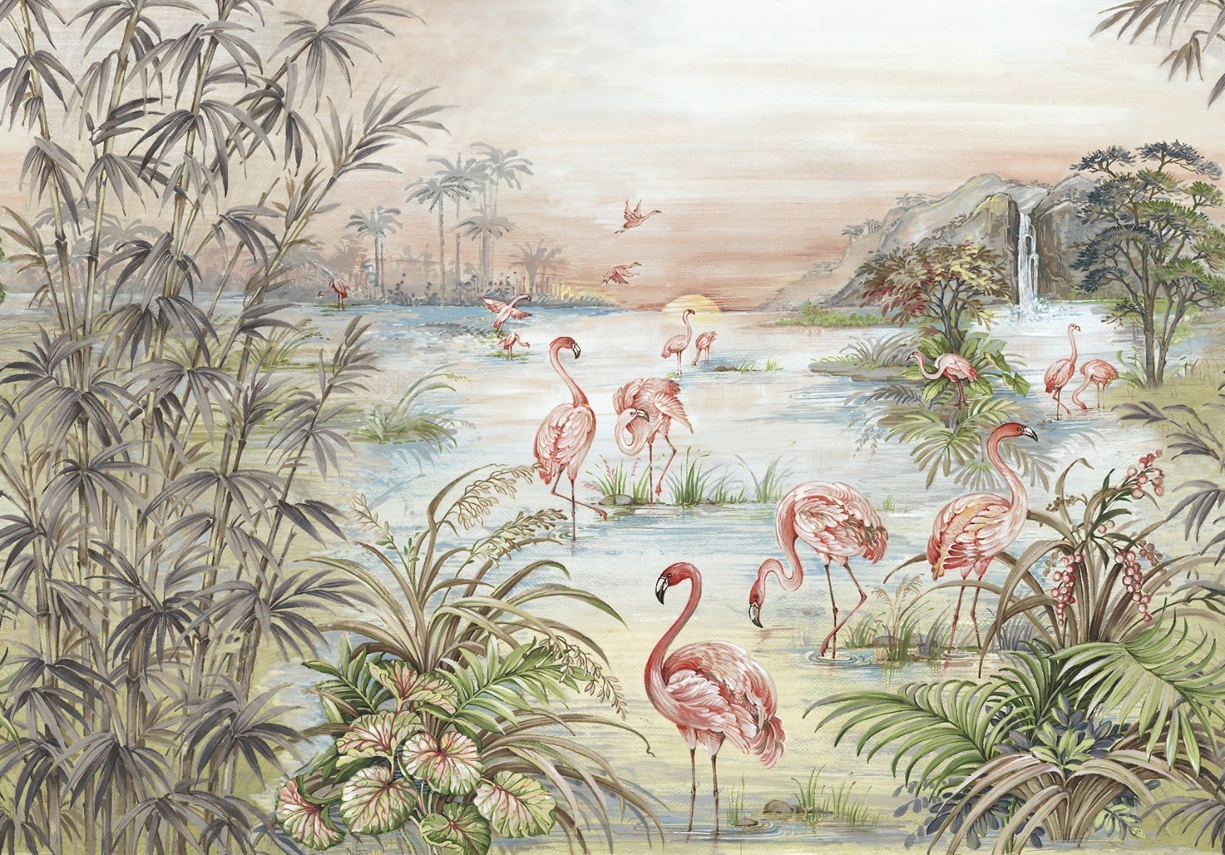 Blue Watercolor Tropicana Flamingos Wall Mural featuring pink birds in a lagoon.