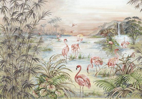 Blue Watercolor Tropicana Flamingos Wall Mural featuring pink birds in a lagoon.