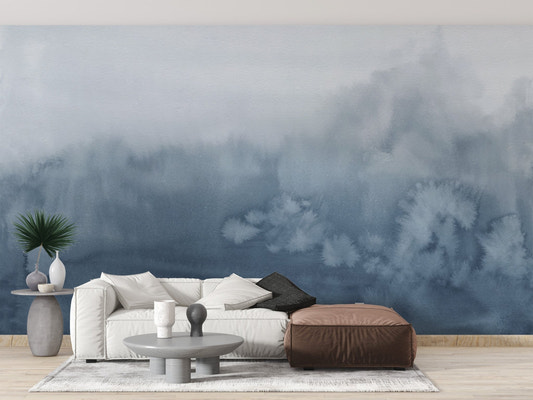 Blue watercolor wallpaper mural with misty indigo ombre fade.