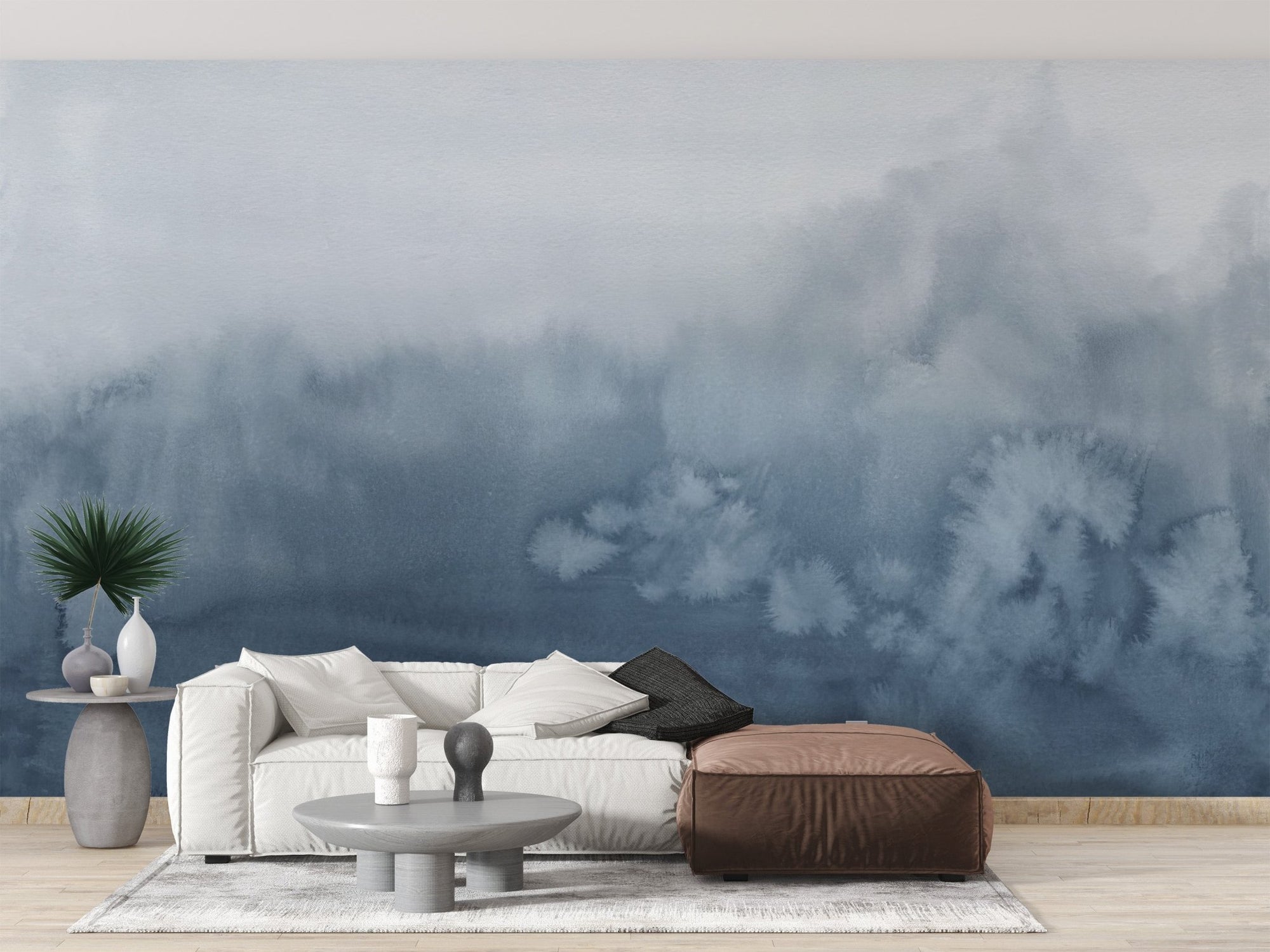 Blue watercolor wallpaper mural with misty indigo ombre fade.