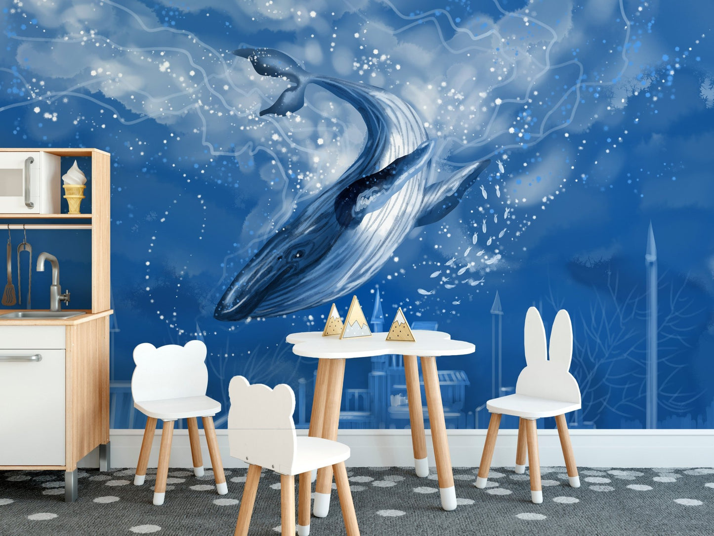 Whimsical whale wallpaper mural for a child's dining or craft table.
