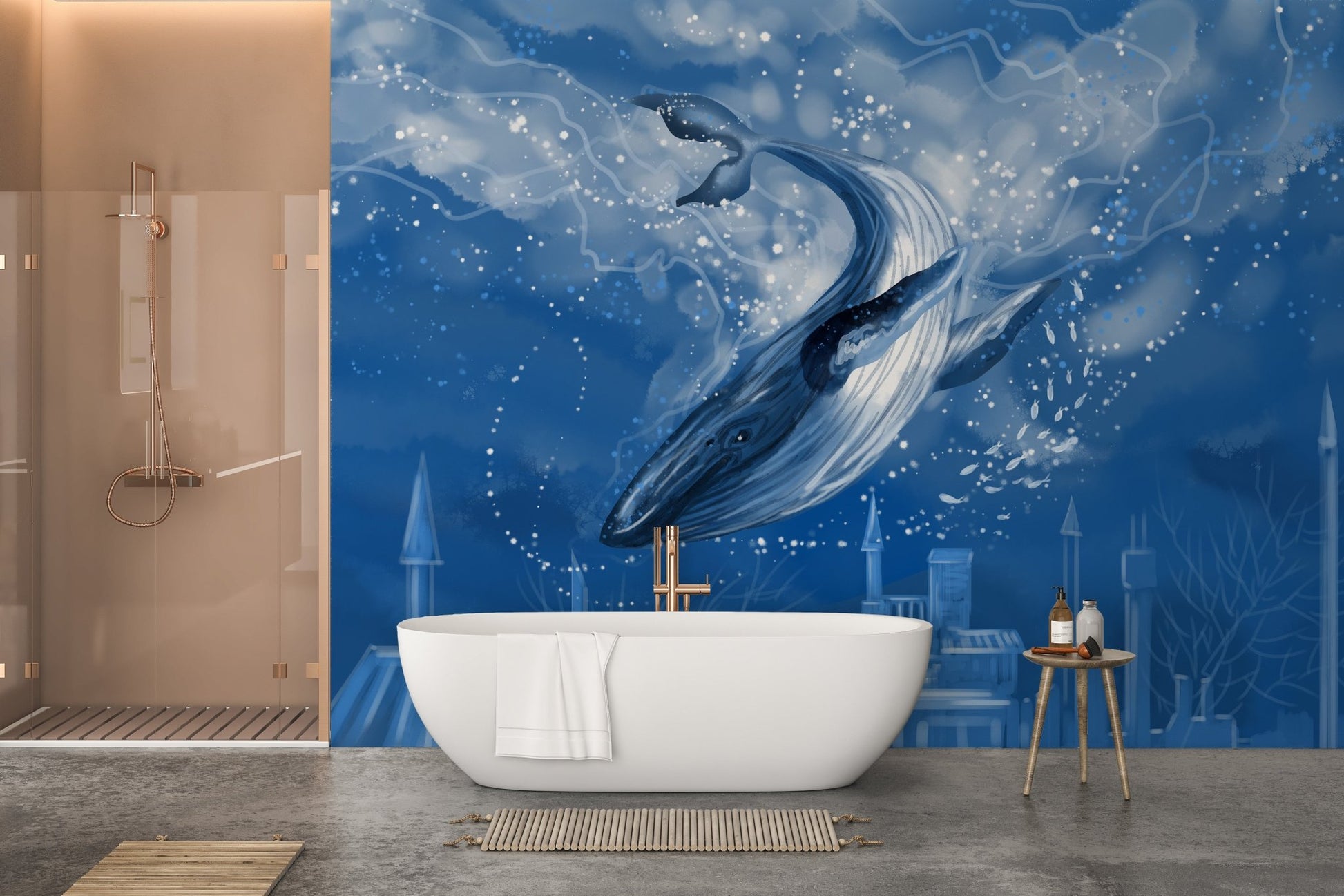 Minimalist bathroom wall mural featuring a blue whale design.