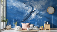 Blue Whale Tales in the City Wall Murals in a cozy kids' playroom.