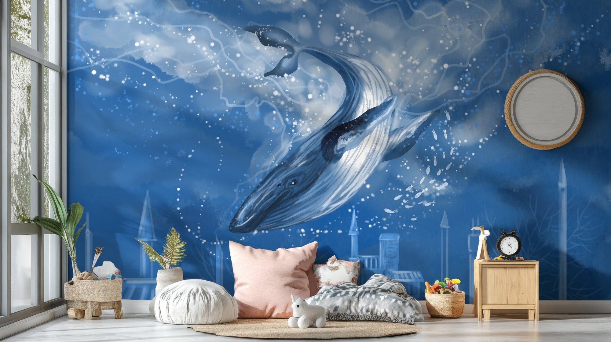 Blue Whale Tales in the City Wall Murals in a cozy kids' playroom.